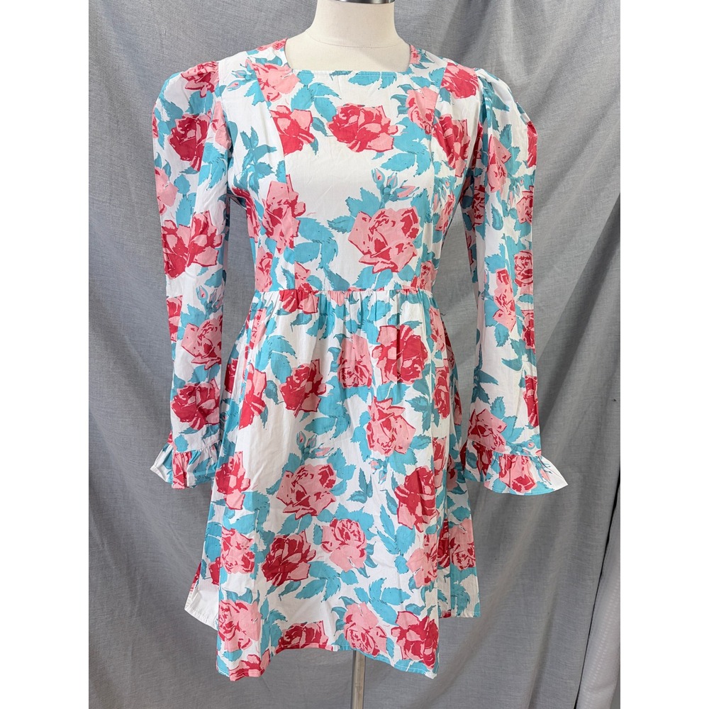 Batsheva Square Neck Mini Prairie Dress Painted Rose Floral Pink Blue 2 Cottage
